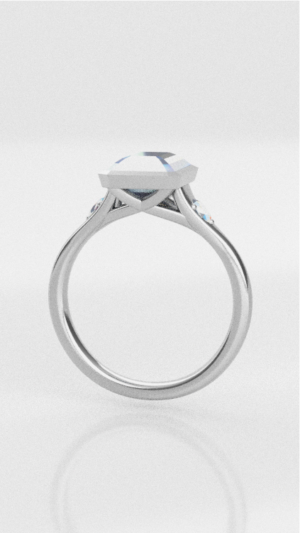 3D-Modell eines Solitärrings aus Platin mit einem Diamanten im Smaragdschliff